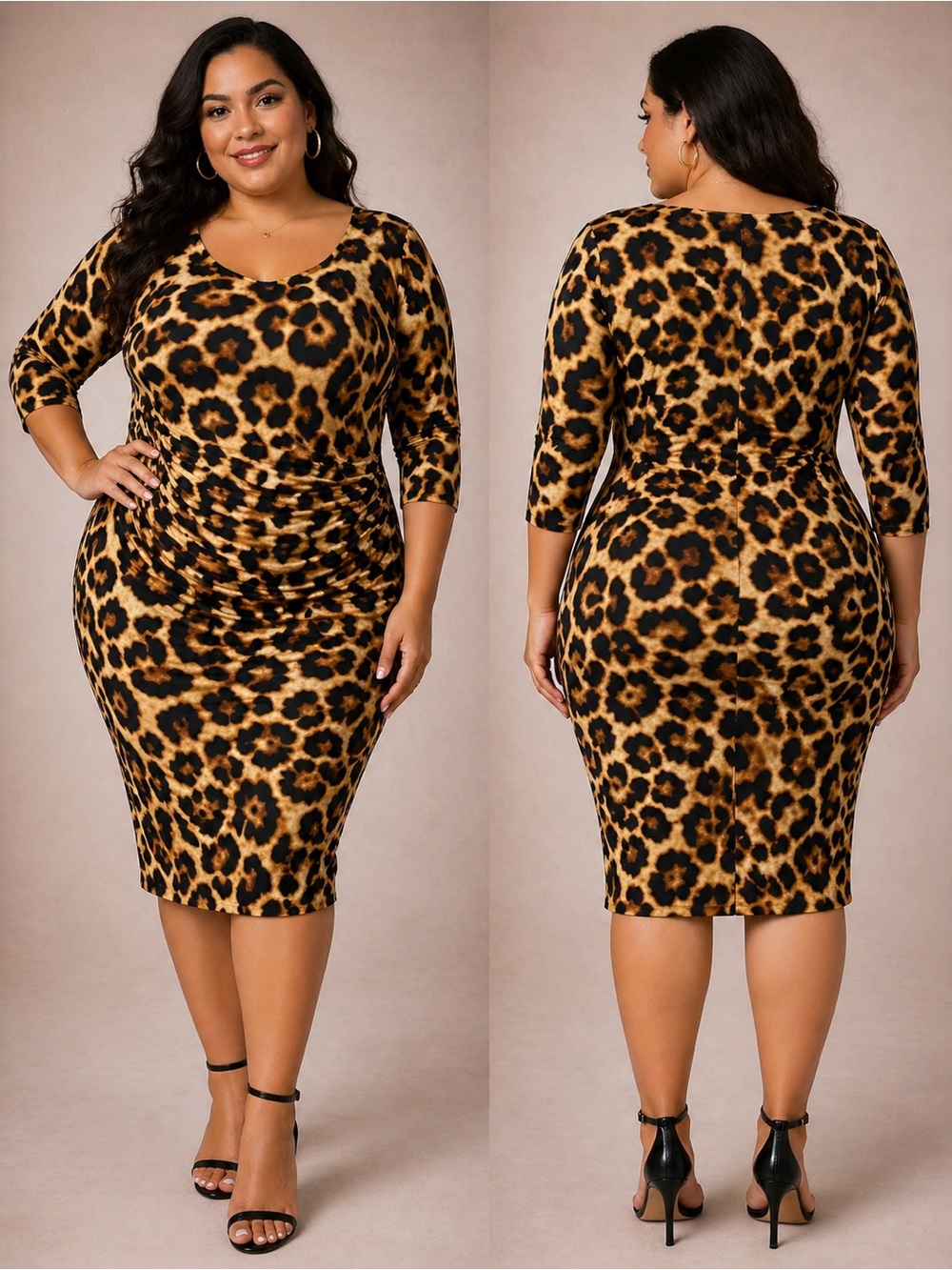 Ronni Nicole Leopard Print V-Neck Bodycon Dress in Brown and Black